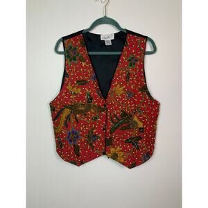 Vintage 90s Dalin RED Floral and Bird Beaded Vest, one size fits most